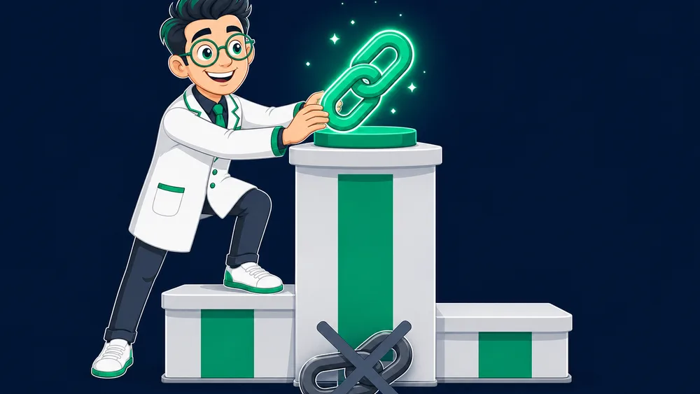 The Cited Labs Link Scientist placing an editorial link at the top of a ranking podium while a PBN link sits crossed out at the bottom