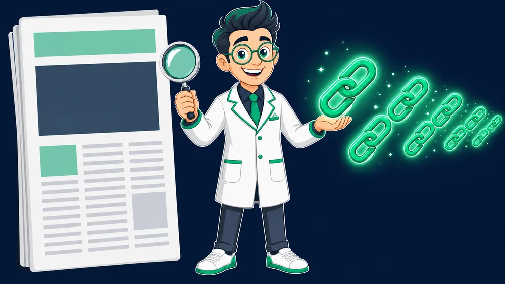 The Cited Labs Link Scientist next to a newspaper headline on one side and a steady row of glowing links on the other