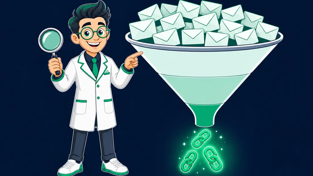 The Cited Labs Link Scientist pointing at a funnel showing many outreach emails narrowing down to a few glowing verified editorial links