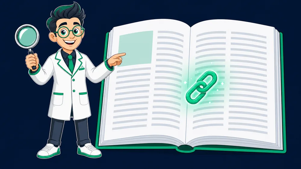 The Cited Labs Link Scientist beside a large open magazine with a glowing emerald link inside a paragraph of editorial text