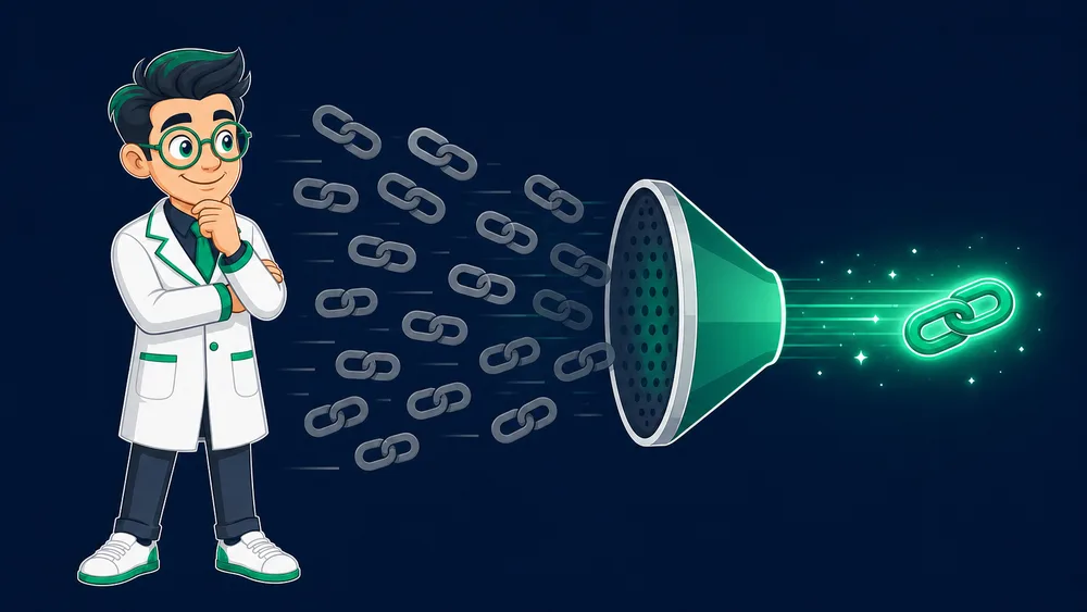 The Cited Labs mascot watching a filter labeled SpamBrain catch and switch off glowing spam links while a clean editorial link passes through and lights up green