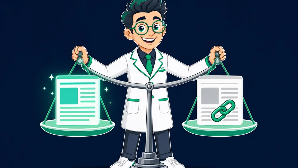 The Cited Labs Link Scientist weighing a new guest article on one hand against an aged article with an inserted link on the other