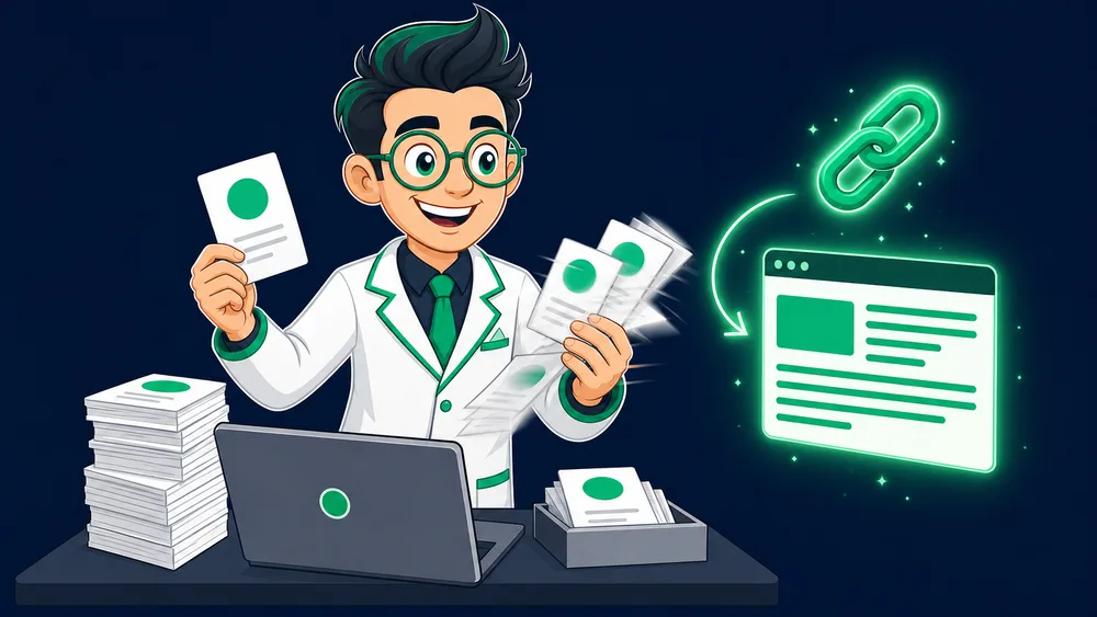 The Cited Labs Link Scientist quickly answering a stack of reporter questions, with one answer turning into a published article link that glows green
