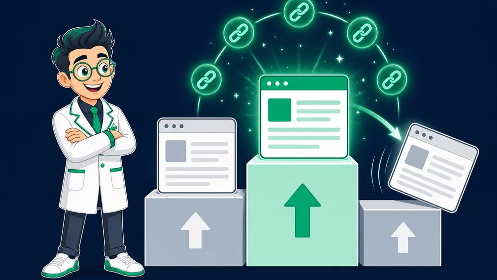 The Cited Labs Link Scientist watching his page climb a search-results podium to displace the weakest first-page competitor using glowing emerald link nodes
