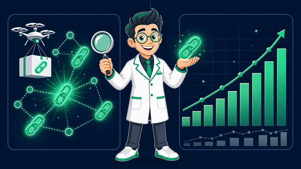 The Cited Labs Link Scientist beside a split panel showing emerald link nodes delivered live on the left and a rising results chart on the right, illustrating leading versus lagging indicators