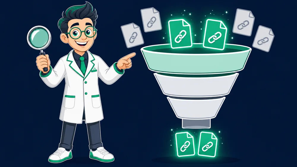 The Cited Labs Link Scientist pointing at a funnel where a few money pages and pillar pages glow emerald, showing where link authority should be focused