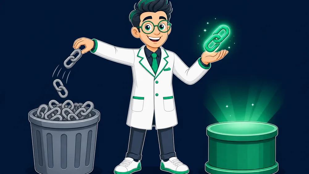 The Cited Labs mascot sorting a pile of links, sending exact-match spam links into a disavow file while keeping a clean editorial link that glows green