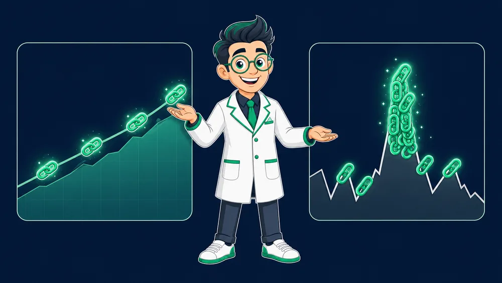 The Cited Labs Link Scientist comparing a steady evenly spaced rising line of emerald link nodes against a chaotic clustered spike, showing natural pace versus a risky burst