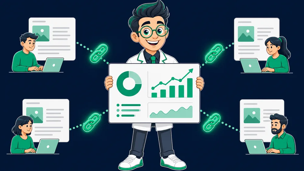 The Cited Labs Link Scientist holding up an original research chart while several writers link to it from their own articles