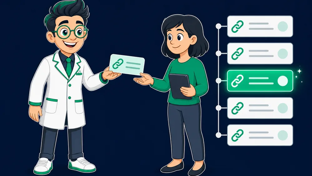 The Cited Labs Link Scientist handing a curator a resource that gets added to a tidy list of links, one glowing green
