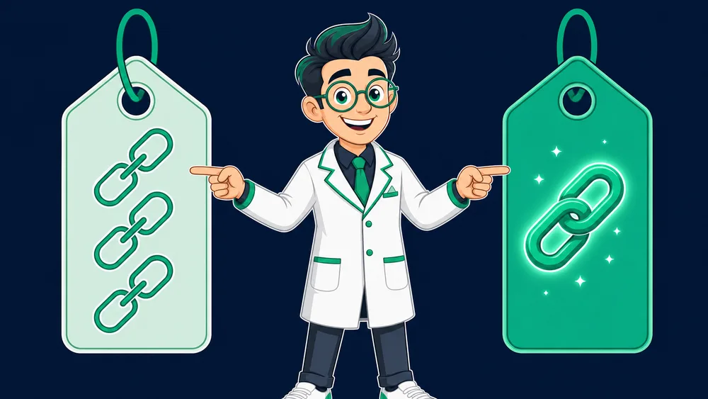 The Cited Labs mascot weighing a fixed monthly retainer invoice on one side of a balance scale against a single glowing verified link on the other